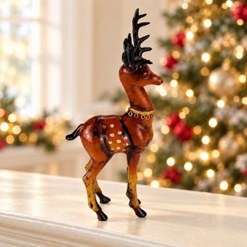 Vtg Brown Spotted
Reindeer On Plastic Black Antlers Gold Collar 8” Christmas